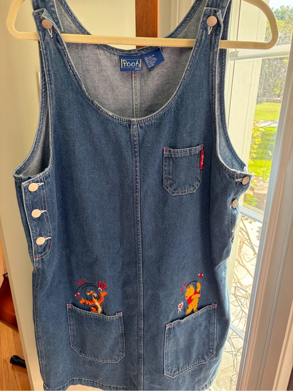 Disney Vintage Winnie the Pooh Denim Jumper Dress Blue Jean Large Tigger Pocket